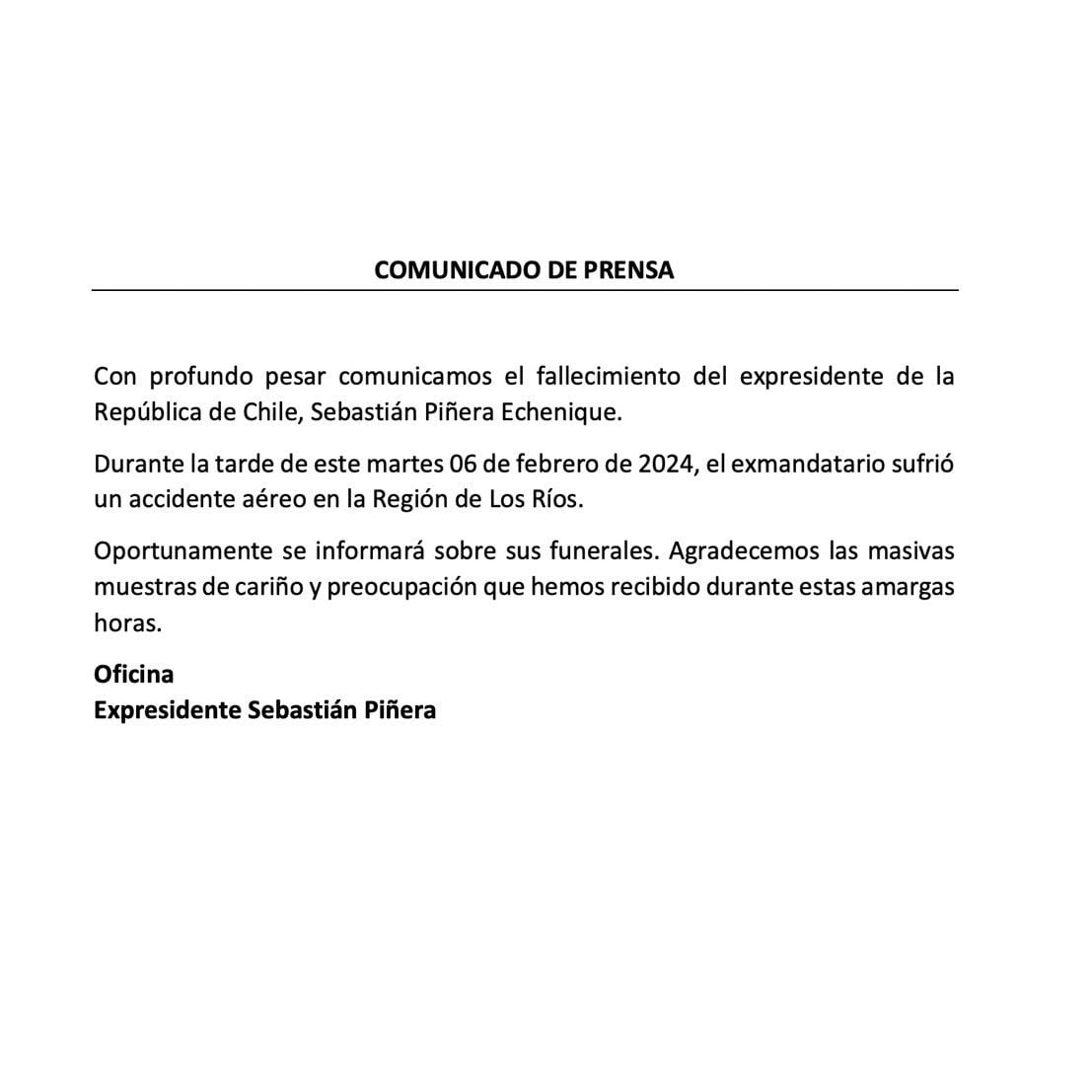 Este fue el comunicado emitido por la oficina del expresidente Piñera