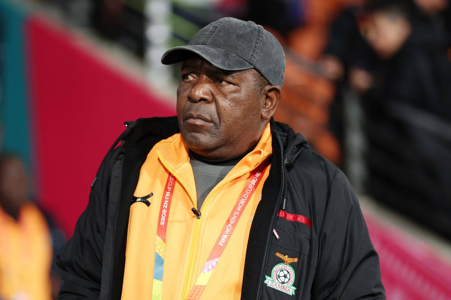 HAMILTON, NEW ZEALAND - JULY 31: Bruce Mwape, Head Coach of Zambia, looks on prior to the FIFA Women's World Cup Australia & New Zealand 2023 Group C match between Costa Rica and Zambia at Waikato Stadium on July 31, 2023 in Hamilton, New Zealand. (Photo by Buda Mendes/ Getty Images)