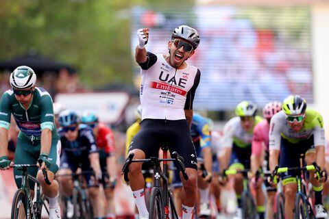 ZARAGOZA, SPAIN - SEPTEMBER 07: Juan Sebastian Molano Benavides of Colombia and UAE Team Emirates celebrates at finish line as stage winner during the 78th Tour of Spain 2023, Stage 12 a 150.6km from Ólvega to Zaragoza / #UCIWT / on September 07, 2023 in Zaragoza, Spain. (Photo by Alexander Hassenstein/Getty Images)