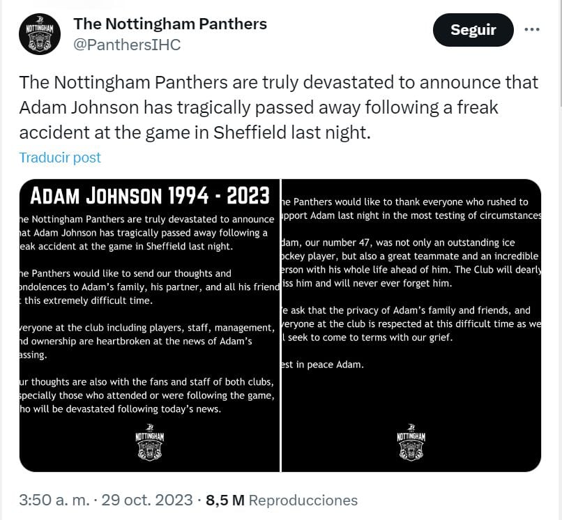 Comunicado oficial de los Nottingham Panthers tras el grave suceso