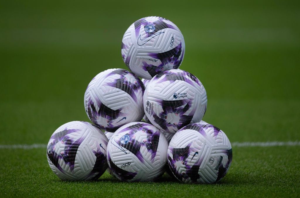 BURNLEY, ENGLAND - APRIL 2: The Official Nike Aerowsculpt 2023/24 match balls stacked prior to the Premier League match between Burnley FC and Wolverhampton Wanderers at Turf Moor on April 2, 2024 in Burnley, England. (Photo by Joe Prior/Visionhaus via Getty Images)