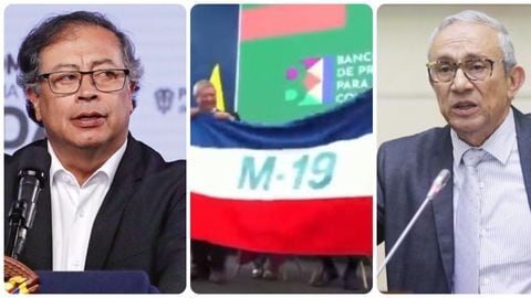 Gustavo Petro, Darío Acevedo y la bandera del M-19 que se lució en un acto público en Zipaquirá.