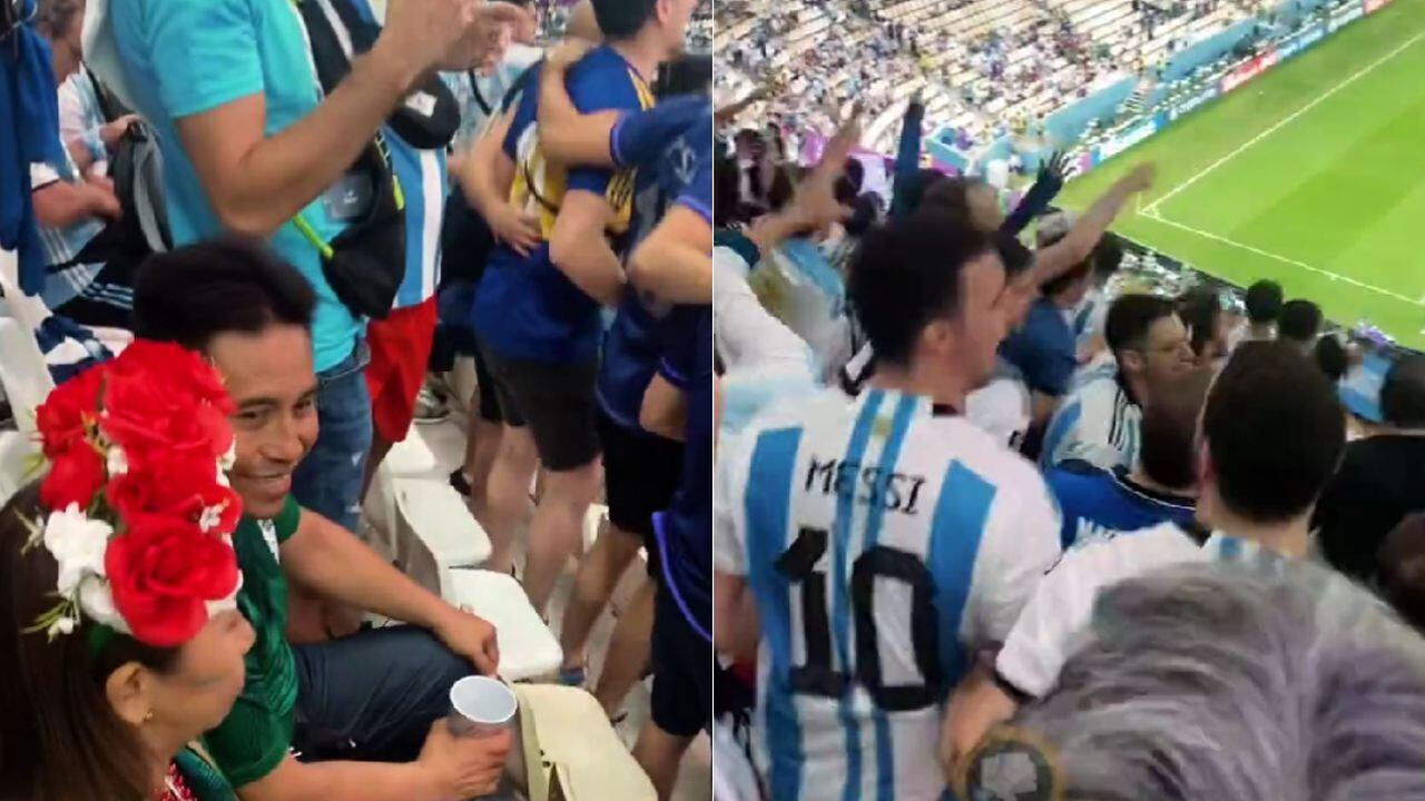 Hinchas mexicanos en medio de la tribuna argentina.