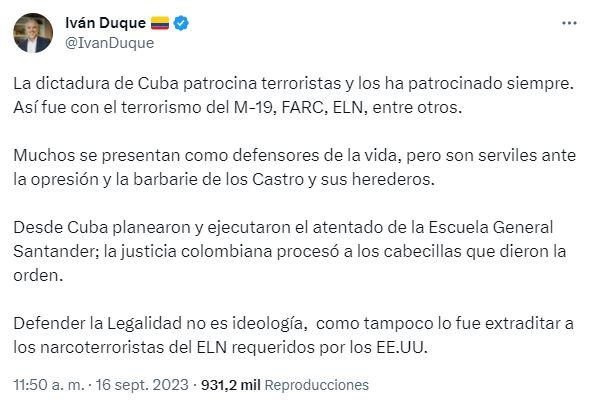 Trino del expresidente Iván Duque sobre la dictadura en Cuba