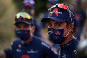 Ineos Grenadier's Egan Bernal from Colombia, during the opening introduction ceremony with teams race of La Vuelta cycling race two days before to starting first stage in the province of Burgos, northern Spain, Thursday Aug. 12, 2021. (AP Photo/Alvaro Barrientos)