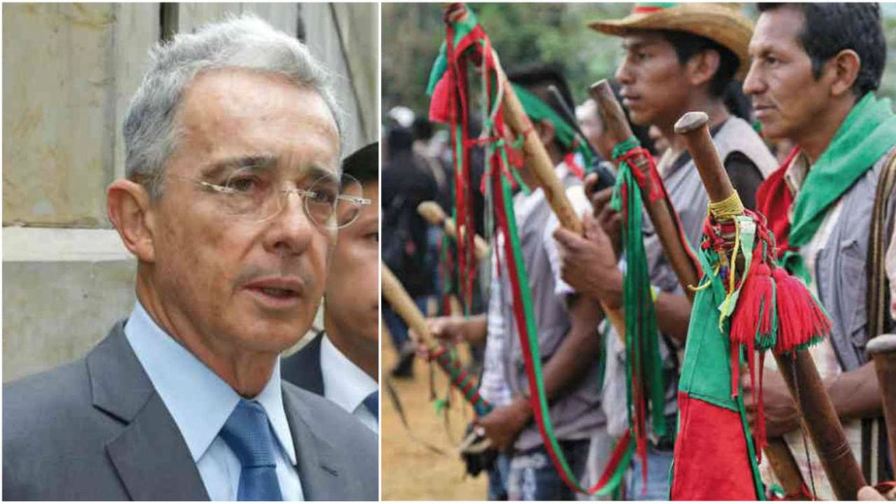 A la izquierda, el expresidente Álvaro Uribe. A la derecha la guardia indígena