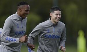 HALEWOOD, ENGLAND - April 29: (EXCLUSIVE COVERAGE) James Rodriguez (L) and Yerry Mina during the Everton Training Session at USM Finch Farm on April 29 2021 in Halewood, England. (Photo by Tony McArdle/Everton FC via Getty Images)