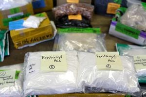 Bolsas de plástico de fentanilo se exhiben en una mesa en el área de Aduanas y Protección Fronteriza de EE. UU. en la Instalación de Correo Internacional en el Aeropuerto Internacional O'Hare en Chicago, Illinois, EE. UU.