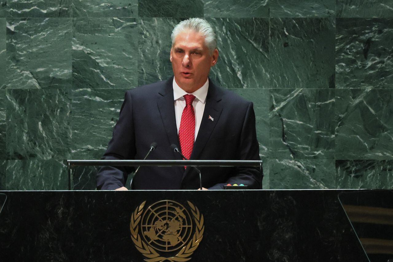 El presidente de Cuba, Miguel Díaz-Canel Bermúdez, habla durante la Asamblea General de las Naciones Unidas (AGNU) en la sede de las Naciones Unidas el 19 de septiembre de 2023 en la ciudad de Nueva York.