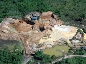 Aerial view of gold mining area in Amazon rainforest region, Para state, Brazil