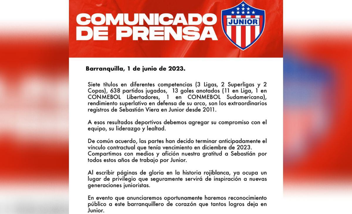 Comunicado oficial de Junior anunciando la salida de Sebastián Viera.