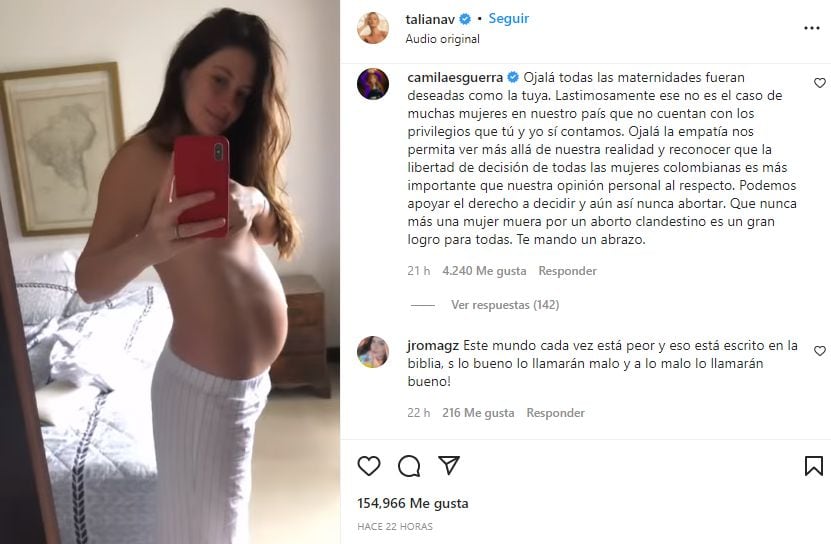 Taliana Vargas despertó muchas opiniones entre sus seguidores por video criticando la decisión de la Corte de despenalizar el aborto en Colombia. Foto: Captura de pantalla Instagram @talianav