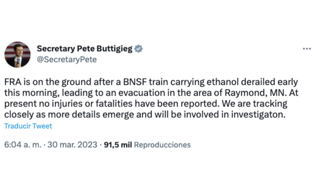El ministro de Transporte de Estados Unidos, Pete Buttigieg, anunció la evacuación de la zona