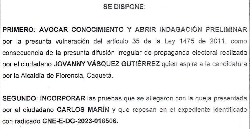 Auto del CNE sobre la candidatura de Jovanny Vásquez Gutiérrez.