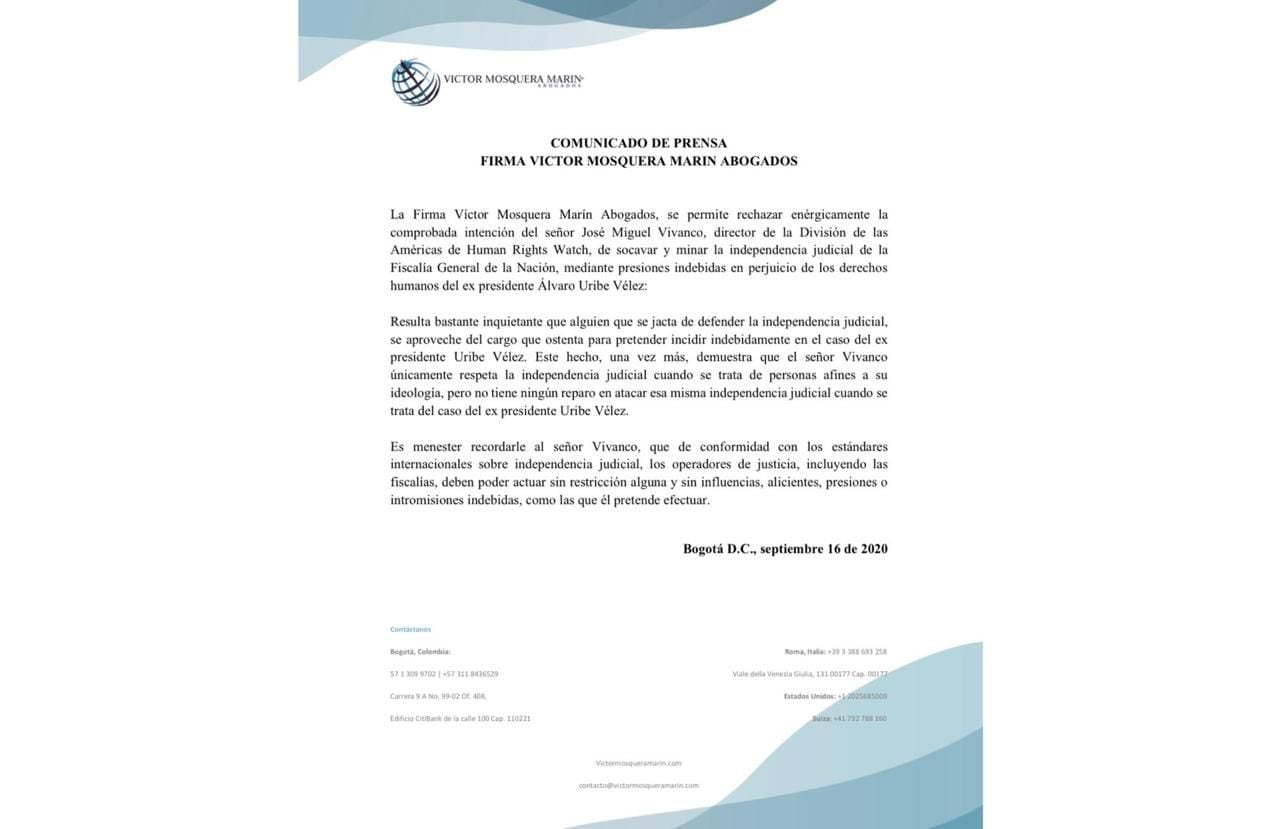 Comunicado firma de abogados Víctor Mosquera Marín, sobre supuestas presiones de José Miguel Vivanco a juez de garantías en caso Uribe.