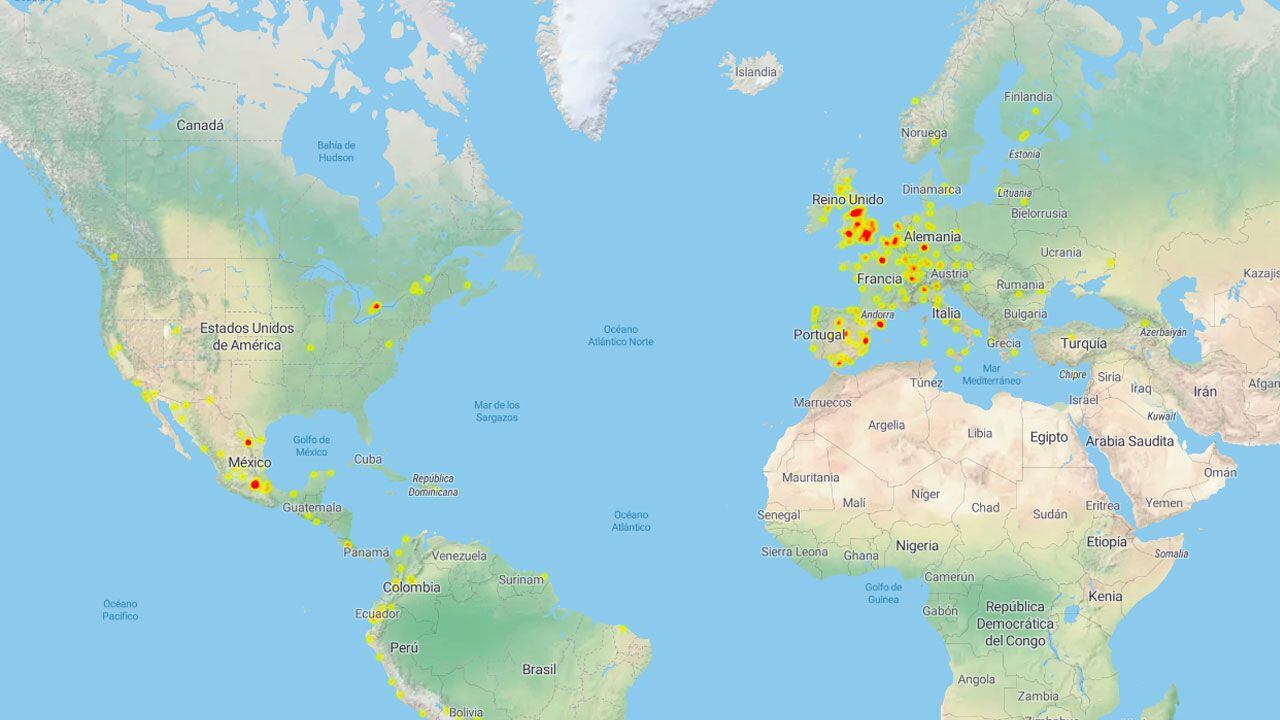Mapa de fallas de TikTok en el mundo.
