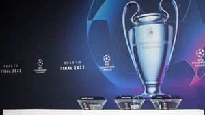 NYON, SWITZERLAND - MARCH 18: A general view of the stage ahead of the UEFA Champions League 2021/22 Quarter-finals and Semi-finals Draws at the UEFA headquarters, The House of European Football, on March 18, 2022, in Nyon, Switzerland. (Photo by Pierre Albouy - UEFA/UEFA via Getty Images)