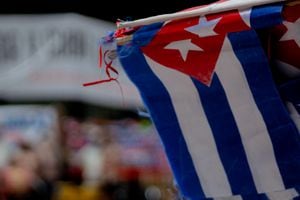 Cuban flags as Cuban residents that live in Colombia protest against the unrest and violence held in the Island against the government of Cuban president Miguel Diaz-Canel. In Bogota, Colombia on July 15, 2021. (Photo by: Perla Bayona/Long Visual Press/Universal Images Group via Getty Images)