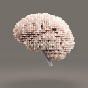 Cerebro de datos futurista hecho de cubos translúcidos, renderizado 3d.