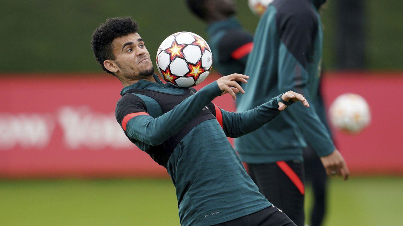 Liverpool's Luis Diaz attends a training session ahead of Wednesday's Champions League, first-leg semifinal soccer match against Villareal, at the AXA Training Centre, Liverpool, England, Tuesday, April 26, 2022. (AP/Peter Byrne/PA )