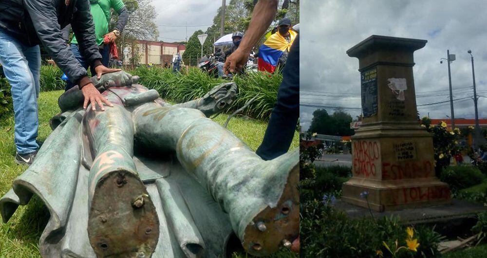 Luego de derribar la estatua de Santander, en Popayán, algunos jóvenes la llenaron de grafitis y pintura roja.