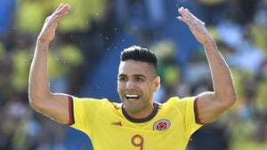 BARRANQUILLA, COLOMBIA - JANUARY 28: Radamel Falcao of Colombia reacts  during a match between Colombia and Peru as part of FIFA World Cup Qatar 2022 Qualifiers at Roberto Melendez Metropolitan Stadium on January 28, 2022 in Barranquilla, Colombia. (Photo by Gabriel Aponte/Getty Images)