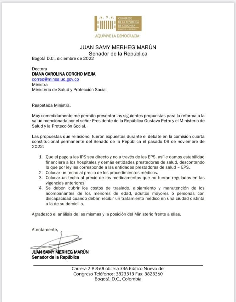 Carta del senador Juan Samy Merheg Marún, al ministerio de Salud.