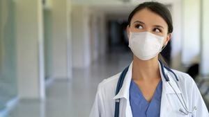 Retrato de una doctora pensativa que trabaja en el hospital usando una máscara facial para evitar los conceptos pandémicos COVID-19 â