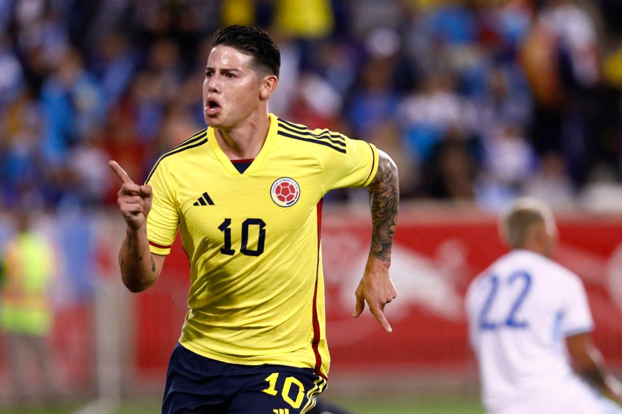 Colombia�s James Rodriguez celebrates his goal during the international friendly football match between Colombia and Guatemala at Red Bull Arena in Harrison, New Jersey, on September 24, 2022. (Photo by Andres Kudacki / AFP)