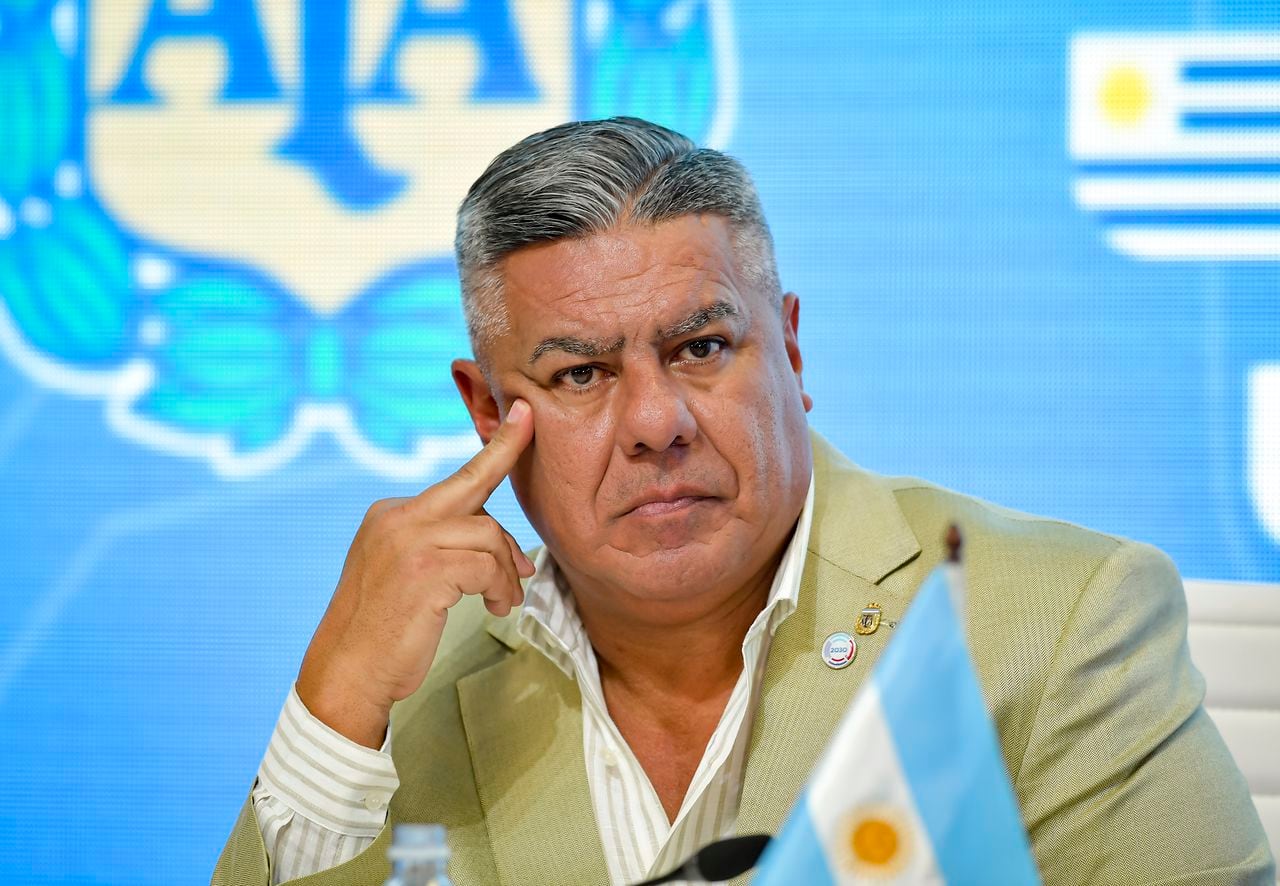 EZEIZA, ARGENTINA - FEBRUARY 07: President of Argentine Football Association (AFA) Claudio Tapia gestures during a press conference to officially announce Argentina, Chile, Paraguay and Uruguay joint candidacy for FIFA 2030 World Cup at Julio H. Grondona Training Camp on February 7, 2023 in Ezeiza, Argentina. (Photo by Marcelo Endelli/Getty Images)