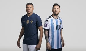 (EDITORS NOTE: THIS IMAGE HAS BEEN RETOUCHED) In this composite image, a comparison has been made between (L-R) Kylian Mbappe of France and Lionel Messi of Argentina, who are posing during the official FIFA World Cup 2022 portrait sessions. Argentina and France meet in the final of the FIFA World Cup Qatar 2022. (Photo by FIFA/FIFA via Getty Images)