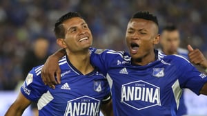 David Silva and Oscar Cortes of Millonarios celebrate the goal during the match against America de Cali on matchday 16 of the Liga BetPlay DIMAYOR I 2023 played at the Nemesio Camacho El Campin stadium in the city of Bogota. (Photo by Daniel Garzon Herazo/NurPhoto via Getty Images)