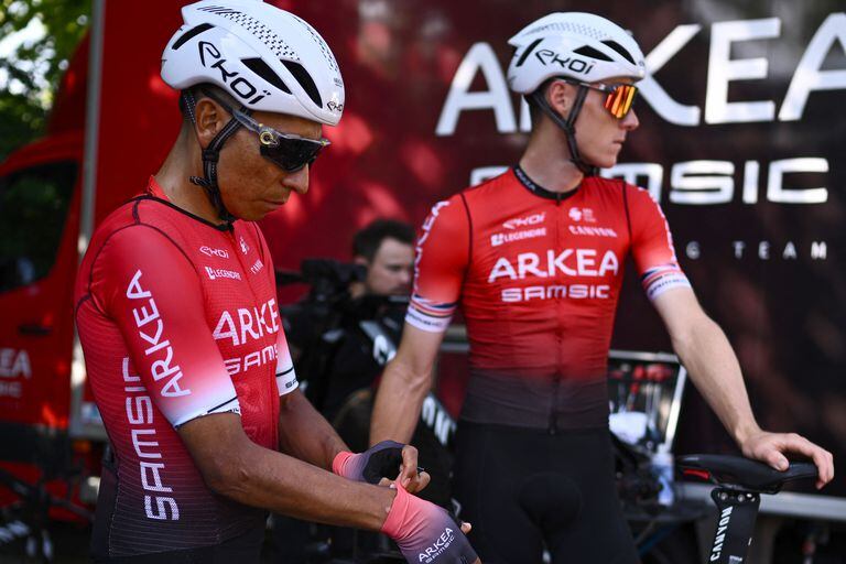 (Fron L/R) Team Arkea Samsic's Colombian rider Nairo Quintana and Bristih rider Connor Swift look on prior to a training session, in Copenhagen ,on June 29, 2022, ahead of the start of the 2022 edition of the Tour de France cycling