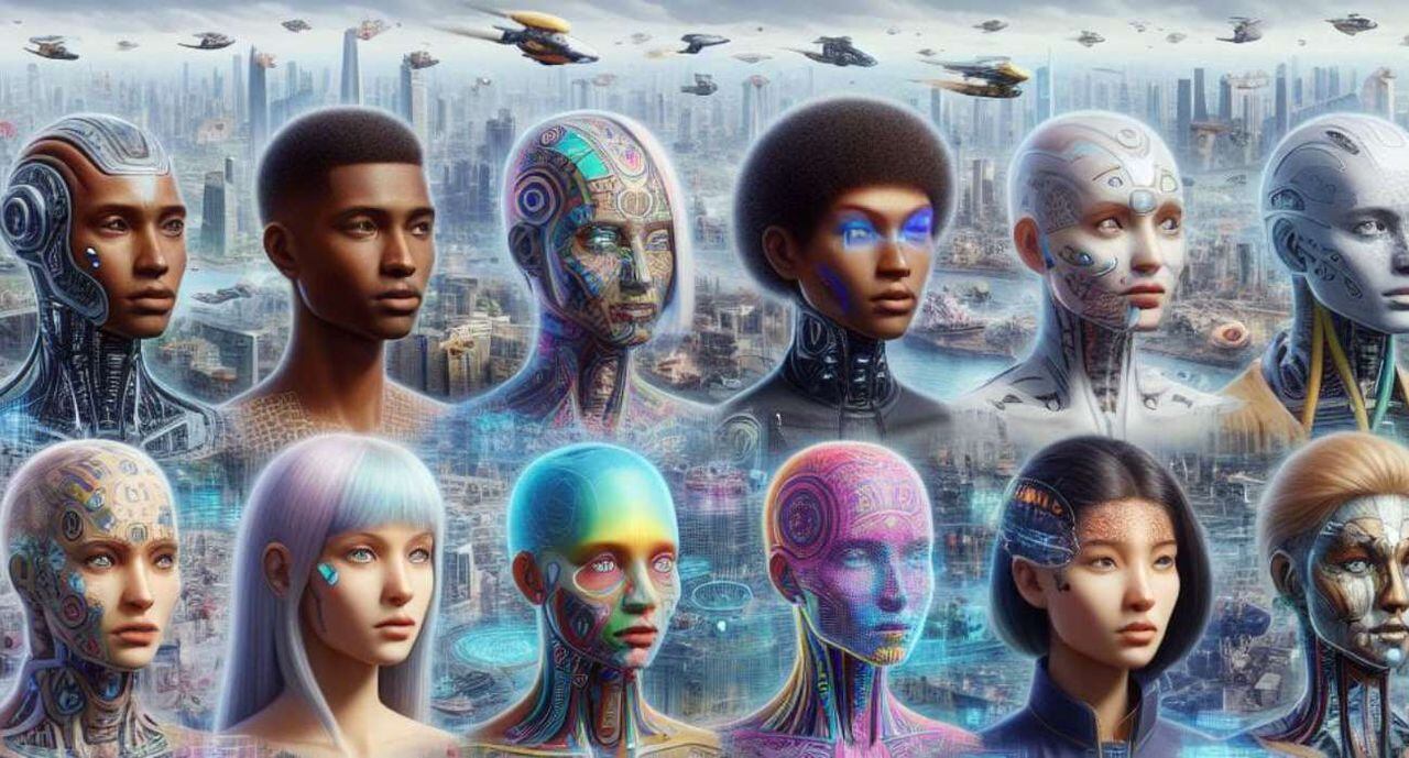 Ilustración creada con IA que muestra cómo se verían los humanos en 500 años en el futuro