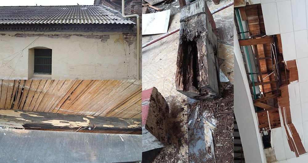 La parroquia de San Antonio de Padua, en el municipio de Garzón, se encuentra en un estado deplorable. Las termitas acabaron con la madera que sostiene el techo, lo que causó que se desplomara parte de este  en 2019.