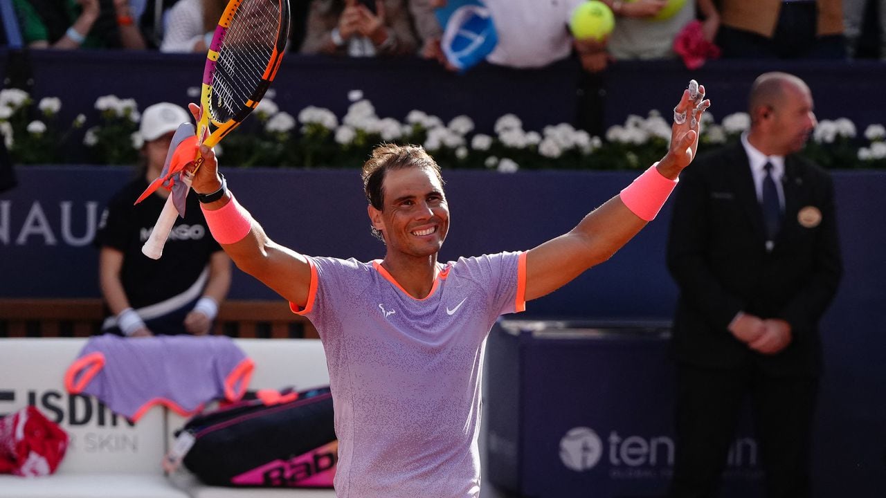 Spain's Rafael Nadal celebrates after beating Italy's Flavio Cobolli during the ATP Barcelona Open "Conde de Godo" tennis tournament singles match at the Real Club de Tenis in Barcelona, on April 16, 2024. (Photo by Pau Barrena / AFP)