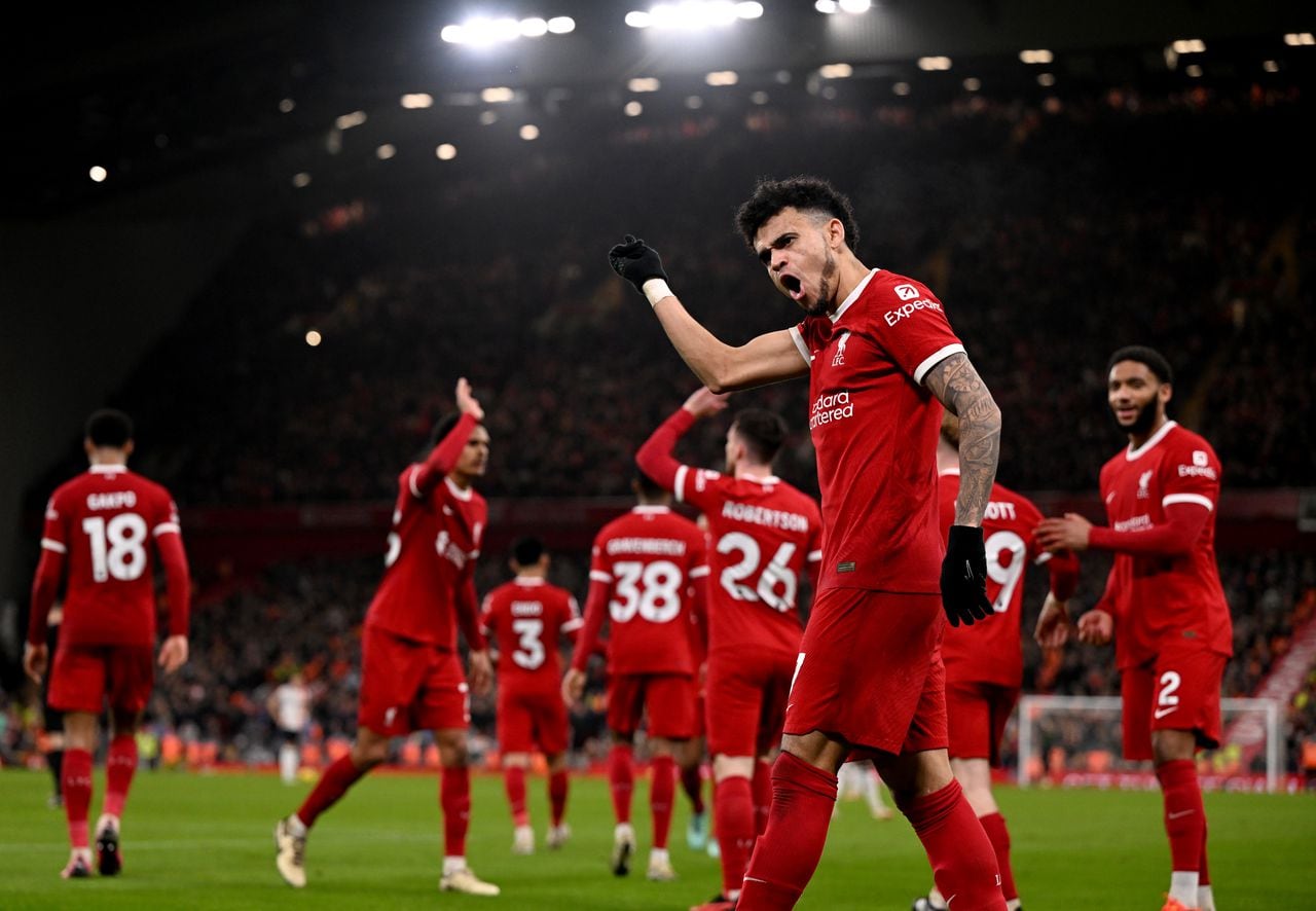LIVERPOOL, ENGLAND - FEBRUARY 21: (THE SUN OUT, THE SUN ON SUNDAY OUT) Luis Diaz of Liverpool celebrates after scoring the third goal during the Premier League match between Liverpool FC and Luton Town at Anfield on February 21, 2024 in Liverpool, England. (Photo by Andrew Powell/Liverpool FC via Getty Images)