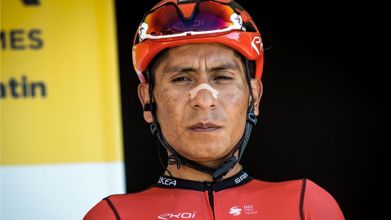 BLAUSASC, ALPES- MARITIMES, FRANCE - 2022/02/20: Nairo Quintana seen on the podium before the start of the race. Nairo Quintana, leader of the Arkea-Samsic team is the winner of the last stage of the Tour 06-83 between Villefranche-sur-Mer and Blausasc. Guillaume Martin of the Cofidis team finished second at 01'21'' and Thibaut Pinot of the Groupama-FDJ team was third at 01'30''. Colombian Nairo Quintana (Arkea Samsic team) wins the overall classification of the Tour du Var et des Alpes-Maritimes 2022 ahead of Belgian Tim Wellens (Lotto Soudal team) and French rider Guillaume Martin (Cofidis team). (Photo by Getty Images/Laurent Coust/SOPA Images/LightRocket)