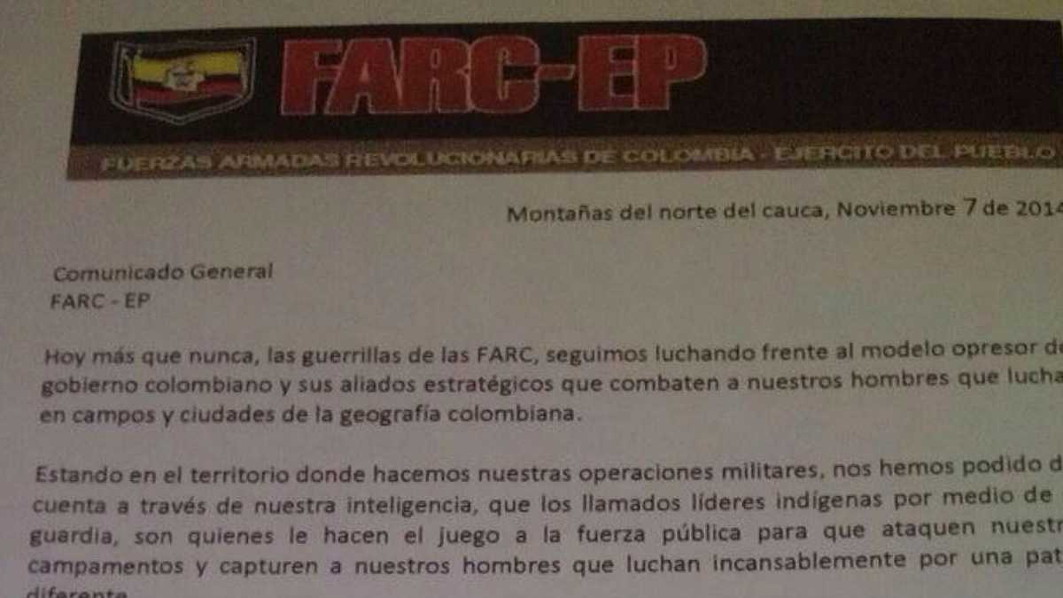 Documento emitido por el grupo armado en el Cauca