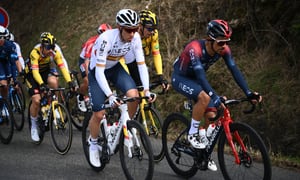 INEOS Grenadiers' Spanish rider Omar Fraile (C) and INEOS Grenadiers' Colombian rider Daniel Felipe Martinez (R) compete during the 5th stage of the 80th Paris - Nice cycling race, 189 km between Saint-Just-Saint-Rambert and Saint-Sauveur-de-Montagut, on March 10, 2022.
FRANCK FIFE / AFP
