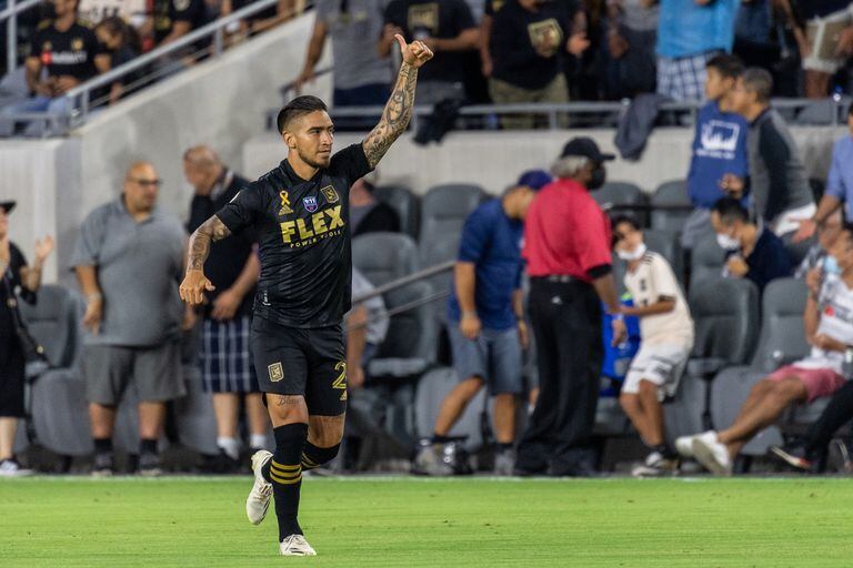 LOS ANGELES, CA - SEPTEMBER 12: Cristian Arango #29 of Los Angeles FC celebrates his first goal during the game against Real Salt Lake at Banc of California Stadium on September 12, 2021 in Los Angeles, California. Los Angeles FC won 3-2. (Photo by Shaun Clark/Getty Images)