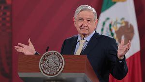 MEXICO CITY, MEXICO - JUNE 10: President of Mexico Andres Manuel Lopez Obrador gestures during his daily morning briefing on June 10, 2020 in Mexico City, Mexico. (Photo by Hector Vivas/Getty Images)