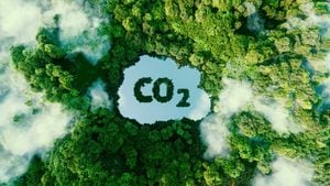 Concept depicting the issue of carbon dioxide emissions and its impact on nature in the form of a pond in the shape of a co2 symbol located in a lush forest. 3d rendering.