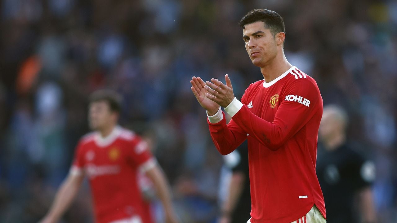 BRIGHTON, ENGLAND - MAY 07: Cristiano Ronaldo of Manchester United applauds the fans after their sides defeat during the Premier League match between Brighton & Hove Albion and Manchester United at American Express Community Stadium on May 07, 2022 in Brighton, England. (Photo by Bryn Lennon/Getty Images)
