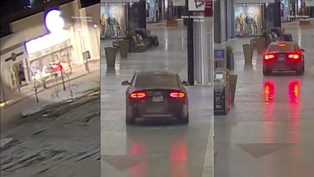 Las autoridades precisan que fueron dos los delincuentes que entraron en el auto robado al mall de Canadá. Fotos: Instagram @cnn.