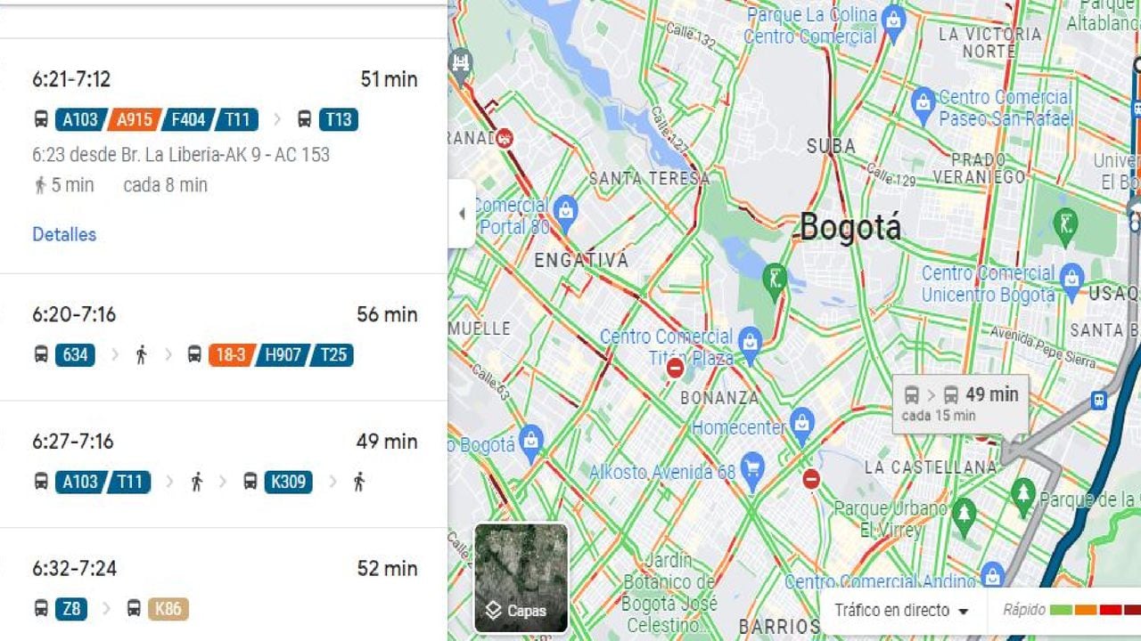 Google Maps - rutas de sitp - recorrido Bogotá