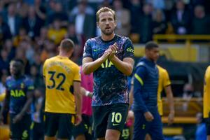 Tottenham's Harry Kane walks off the pitch at the end of the English Premier League soccer match between Wolverhampton Wanderers and Tottenham Hotspur at Molineux stadium in Wolverhampton, England, Sunday, Aug. 22, 2021. (AP Photo/Rui Vieira)
