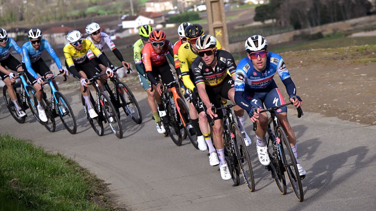 MONT BROUILLY, FRANCE - MARCH 06: (L-R) Egan Bernal of Colombia and Team INEOS Grenadiers, Remco Evenepoel of Belgium and Ilan Van Wilder of Belgium and Team Soudal - Quick Step compete during the 82nd Paris - Nice 2024, Stage 4 a 183km stage from Chalon-sur-Saône to Mont Brouilly 476m / #UCIWT / on March 06, 2024 in Mont Brouilly, France. (Photo by Bernard Papon - Pool/Getty Images)