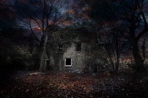Abandoned old cottage in woodland at night