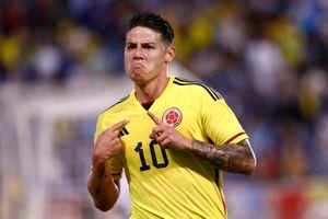Colombia�s James Rodriguez celebrates his goal during the international friendly football match between Colombia and Guatemala at Red Bull Arena in Harrison, New Jersey, on September 24, 2022. (Photo by Andres Kudacki / AFP)